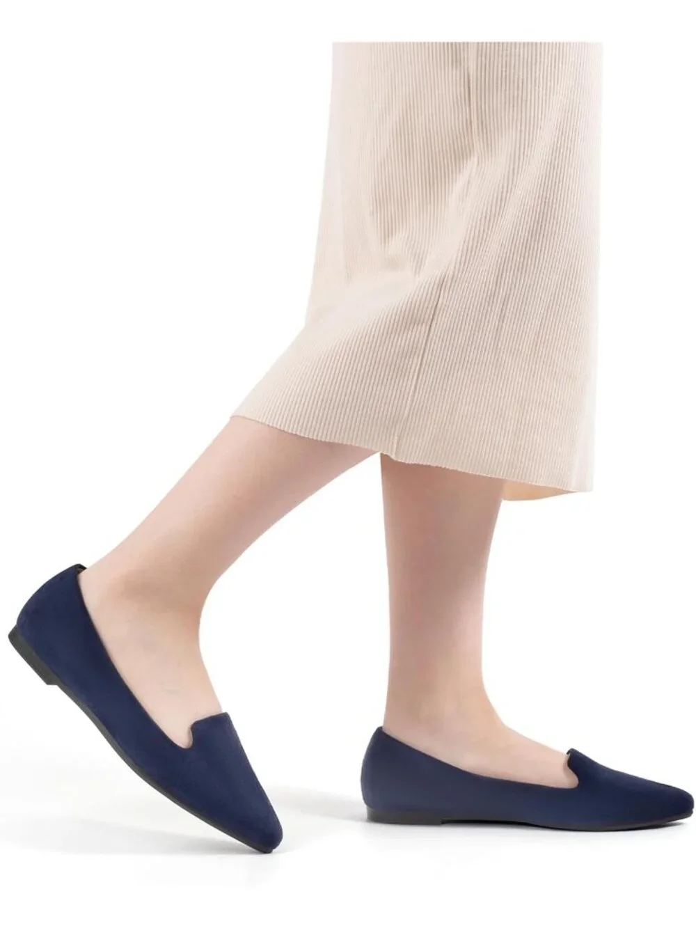 Women's Navy Blue Suede Comfortable Pointed Toe Memory Foam Slip On Flat Shoes